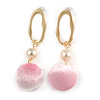 Trendy Pastel Pink Faux Velour Ball with Gold Tone Oval Drop Earrings - 60mm L