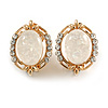 Gold Tone Crystal Milky White Resin Oval Clip On Earrings - 22mm Tall