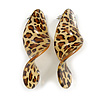Trendy Twisted Leaf Acrylic Drop Earrings with Animal Print (Brown/ Yellow) - 65mm Long