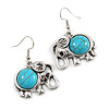 Vintage Inspired Elephant Shape with Turquoise Stone Drop Earrings In Silver Tone - 40mm Long