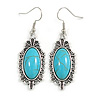 Vintage Inspired Oval Turquoise Stone Filigree Drop Earrings In Silver Tone - 50mm Long