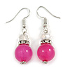 Pink Glass Crystal Drop Earrings In Silver Tone - 40mm L