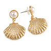 Stylish Faux Pearl Sea Shell Drop Earrings In Gold Tone Metal - 40mm L
