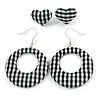 Two Pairs Black/ White Fabric Covered Gingham Checked Hoop and Heart Stud Earrings In Silver Tone - 60mm L/ 20mm L