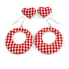 Two Pairs Red/ White Fabric Covered Gingham Checked Hoop and Heart Stud Earrings In Silver Tone - 60mm L/ 20mm L