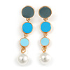 Blue/ Grey/ Aqua Enamel Graduated Disk Drop Earrings In Gold Tone - 55mm Long