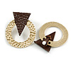 Statement Hammered Round Geometric Clip-On Earrings In Gold/ Dark Brown Tone - 35mm Long