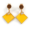 Brown/ Yellow Enamel Square Clip-On Earrings In Gold Tone - 40mm Long