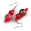 Deep Pink/ Black/ Golden Colour Fusion Wood Bead Drop Earrings with Silver Tone Closure - 55mm Long