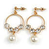 Small Hoop with Dangling Pearl Clear Crystal Earrings In Gold Tone - 45mm Drop