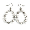 Oval White Glass Pearl Bead, Clear CZ Hoop Drop Earrings In Silver Tone Metal - 55mm Long