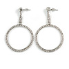 Long Clear Crystal Drop Hoop Design In Silver Tone - 65mm Tall