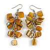 Mustard Yellow Shell Composite Cluster Dangle Earrings in Silver Tone - 70mm L