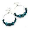 50mm Diameter Teal Wood Bead Hoop Drop Earrings In Silver Tone - 75mm Long