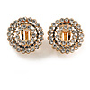 Clear and Hematite Crystal Wreath Clip On Earrings In Gold Tone - 22mm Diameter