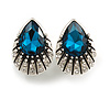 Teal Blue/ Clear Crystal Teardrop Clip On Earrings In Silver Tone - 23mm Tall