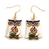 Multicoloured Enamel Owl Drop Earrings In Gold Tone Metal - 45mm Long