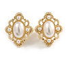 Victorian Style Faux Pearl Clip On Earrings In Gold Tone - 27mm Tall