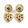 Statement Gold Tone Hammered Multicoloured Crystal Heart Clip On Earrings - 50mm L