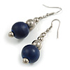 Dark Blue Painted Wood and Silver Acrylic Bead Drop Earrings - 55mm L