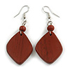 Diamond Shape Brown Painted Wood Drop Earrings - 60mm L