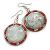 50mm L/Red/Grey/Abalone Flower Motif Round Shape Sea Shell Earrings/Handmade/ Slight Variation In Colour/Natural Irregularities