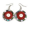 50mm L/Red/White/Abalone Round Shape Sea Shell Earrings/Handmade/ Slight Variation In Colour/Natural Irregularities