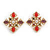 25mm Multicoloured Bead Square Stud Earrings in Gold Tone
