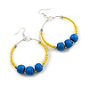 55mm Large Glass/ Wood Beaded Hoop Earrings in Yellow/ Blue In Silver Tone - 85mm Drop
