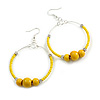50mm Yellow Glass and Wooden Beads Hoop Earrings in Silver Tone - 75mm Drop