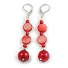 Red Shell Glass Bead Drop Earrings in Silver Tone - 70mm L