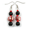 Black Glass and Red Shell Bead Drop Earrings with Silver Tone Closure - 6cm Long
