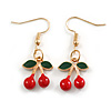 Red/Green Double Cherry Drop Earrings in Gold Tone - 40mm L
