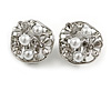 Off Round Crystal Floral with Faux Pearl Bead Clip On Earrings in Silver Tone - 20mm Across