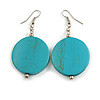 30mm Turquoise Washed Wood Coin Drop Earrings - 60mm