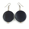 30mm Dark Blue Painted Wood Coin Drop Earrings - 60mm L