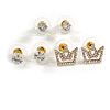 Set of 3 Stud Earrings in Gold Tone Crystal Crown/6mm/5mm Round Clear Crystal Bead