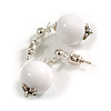 12mm Round White Acrylic Drop Earrings in Silver Tone - 25mm Long