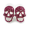 Fuchsia Crystal Skull Stud Earrings In Silver Tone - 20mm Tall