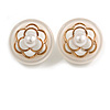 Retro Round Button Shape with Rose Flower Motif Stud Earrings in White - 25mm D