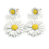Matt White/Yellow Daisy Flower Drop Earrings - 40mm L
