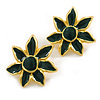 Green Enamel Daisy Stud Earrings in Gold Tone - 35mm D
