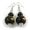 Black/White/Gold Double Bead Wood Drop Earrings - 60mm L
