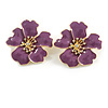Large Purple Enamel with Clear Crystal Daisy Stud Earrigns in Gold Tone - 35mm Diameter