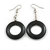 Donut Shape Black Painted Wood Drop Earrings - 55mm Long