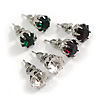 8mm Set Of 3 Round Jewelled Stud Earrings In Silver Tone Dark Purple/ Green/ Clear