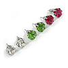 8mm Set Of 3 Round Jewelled Stud Earrings In Silver Tone Magenta/ Green/ Clear