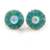 15mm D/ Teal Green Enamel Flower Stud Earrings in Gold Tone