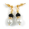White/Black Bead with Crystal Ring Drop Earrings in Gold Tone - 35mm Long