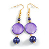 Purple Shell and Glass Bead Drop Earrings in Gold Tone - 65mm Long